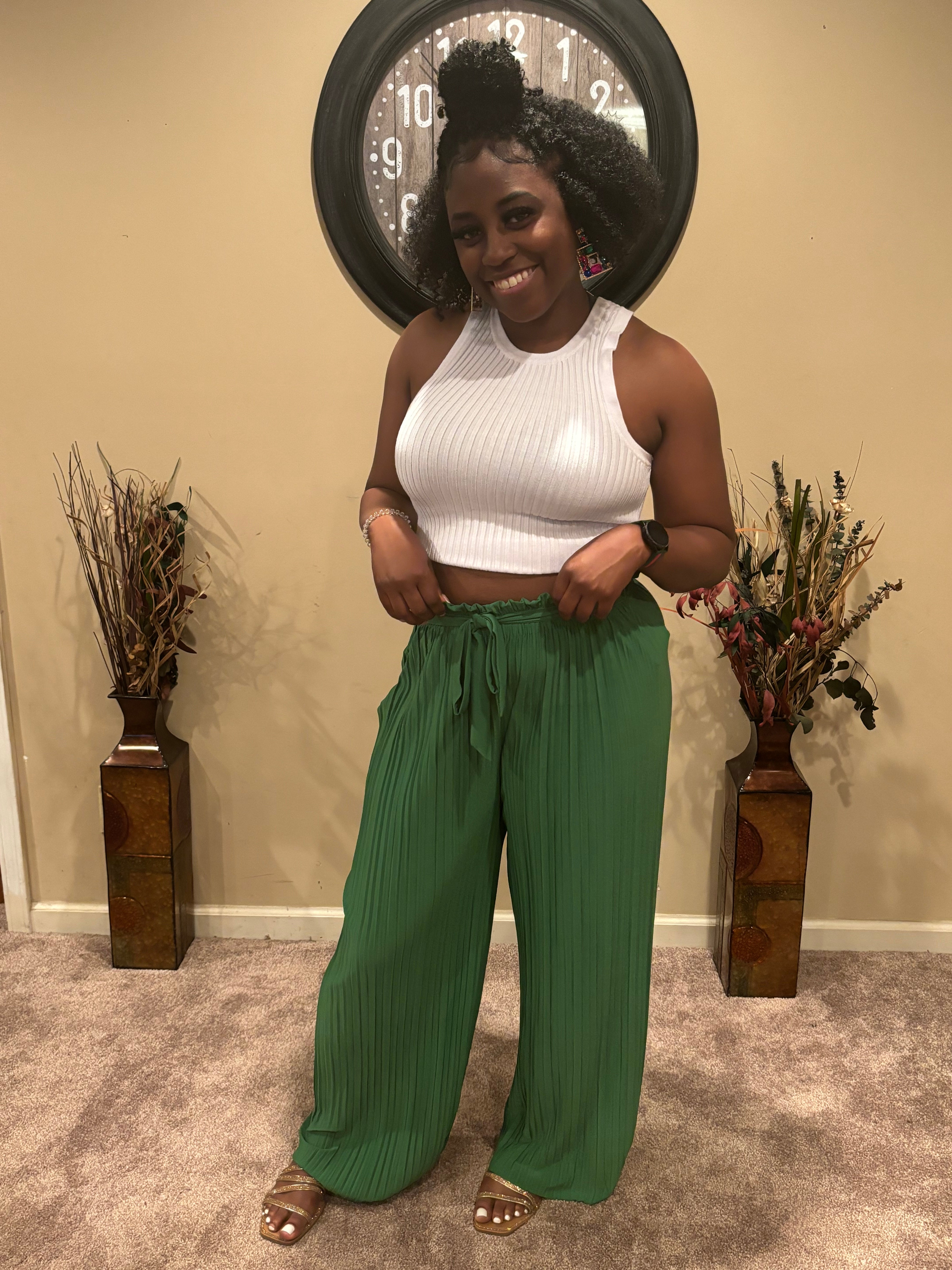 Kelly Green Pleated Wide Leg Pants w/ Waist Tie