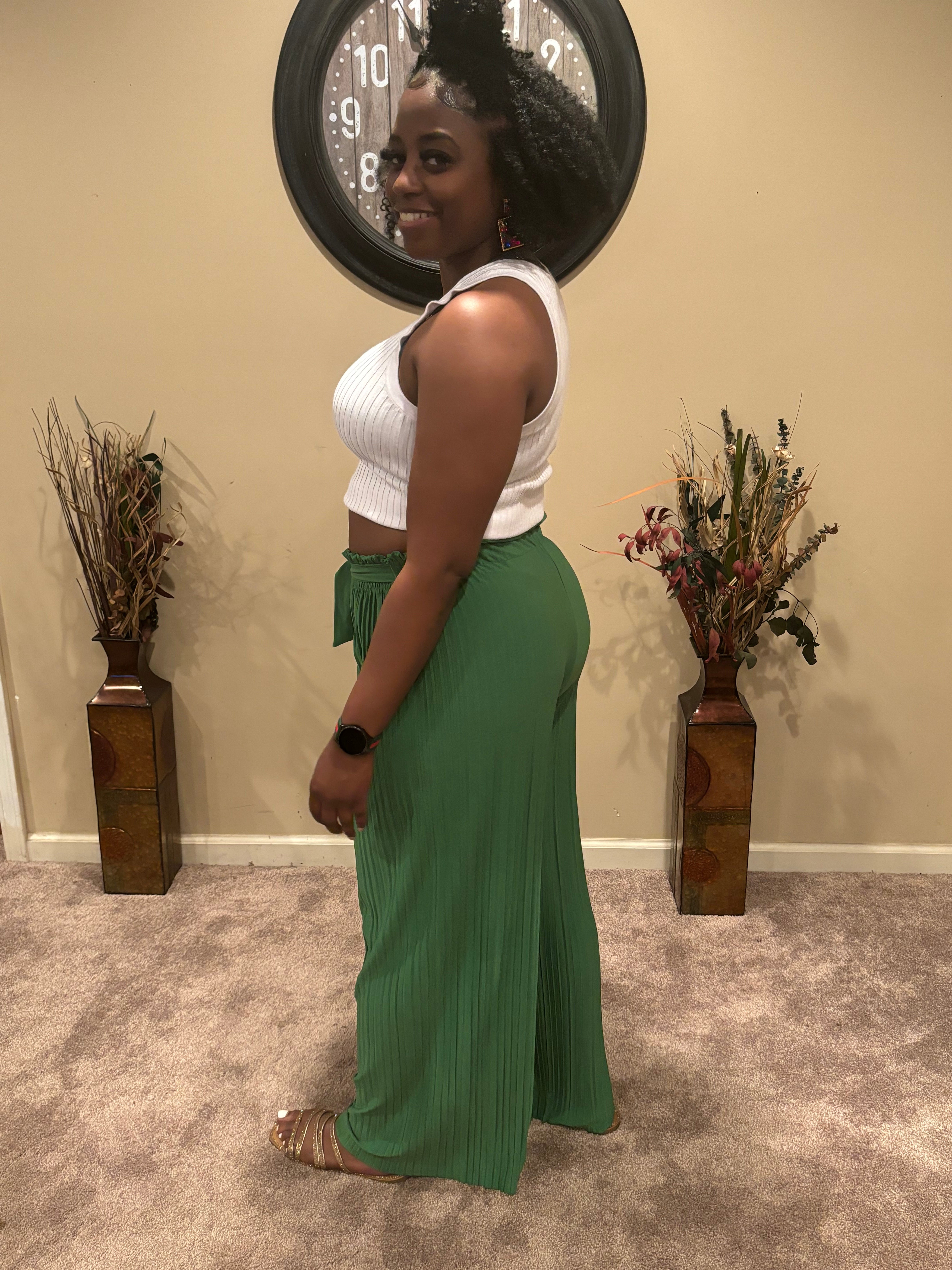 Kelly Green Pleated Wide Leg Pants w/ Waist Tie