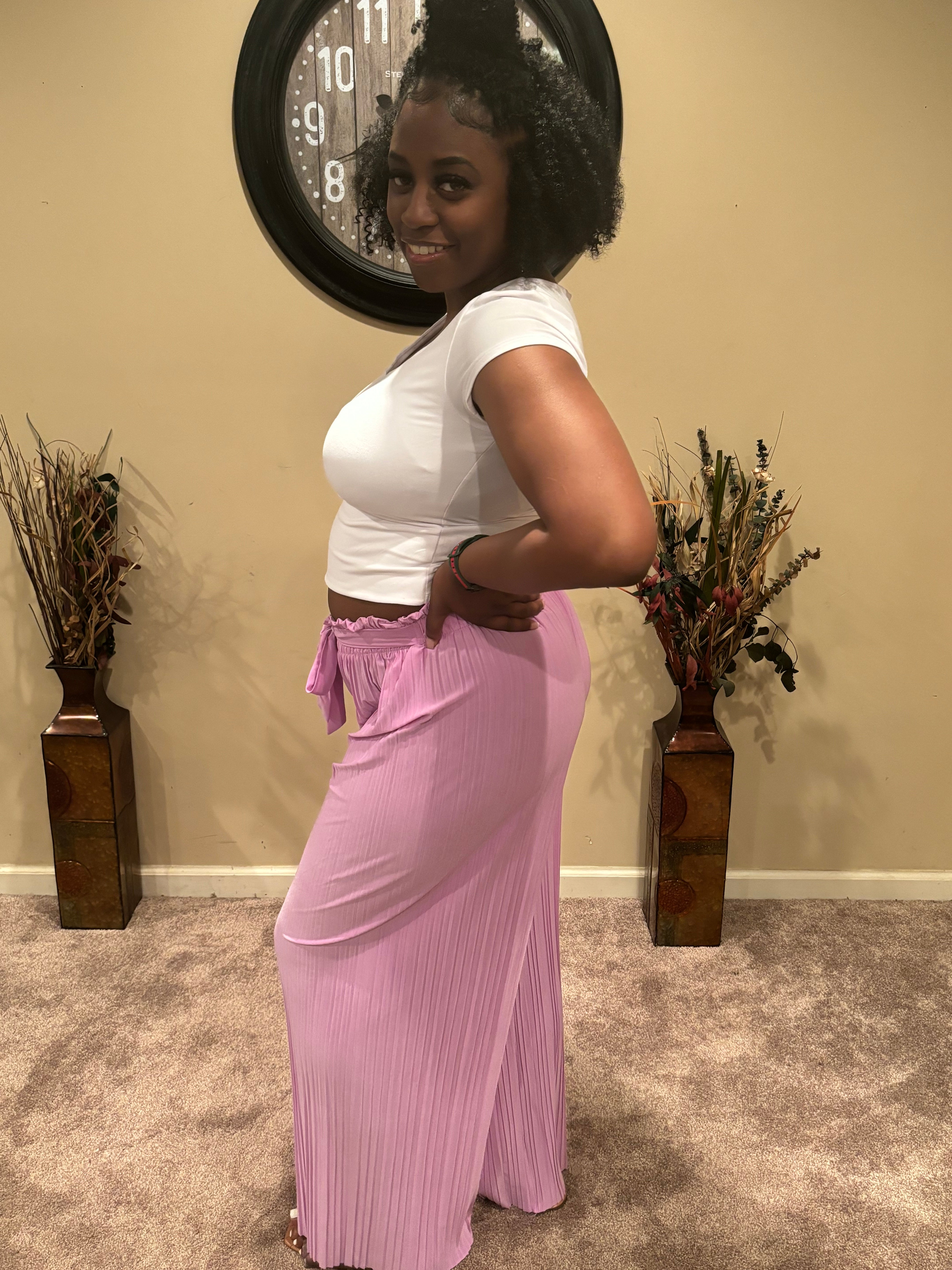 Lilac Pleated Wide Leg Pants w/ Waist Tie