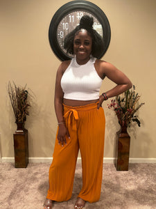 Honey Ginger Pleated Wide Leg Pants w/ Waist Tie