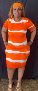 Orange Dream short sleeve stripe tie-dye midi dress