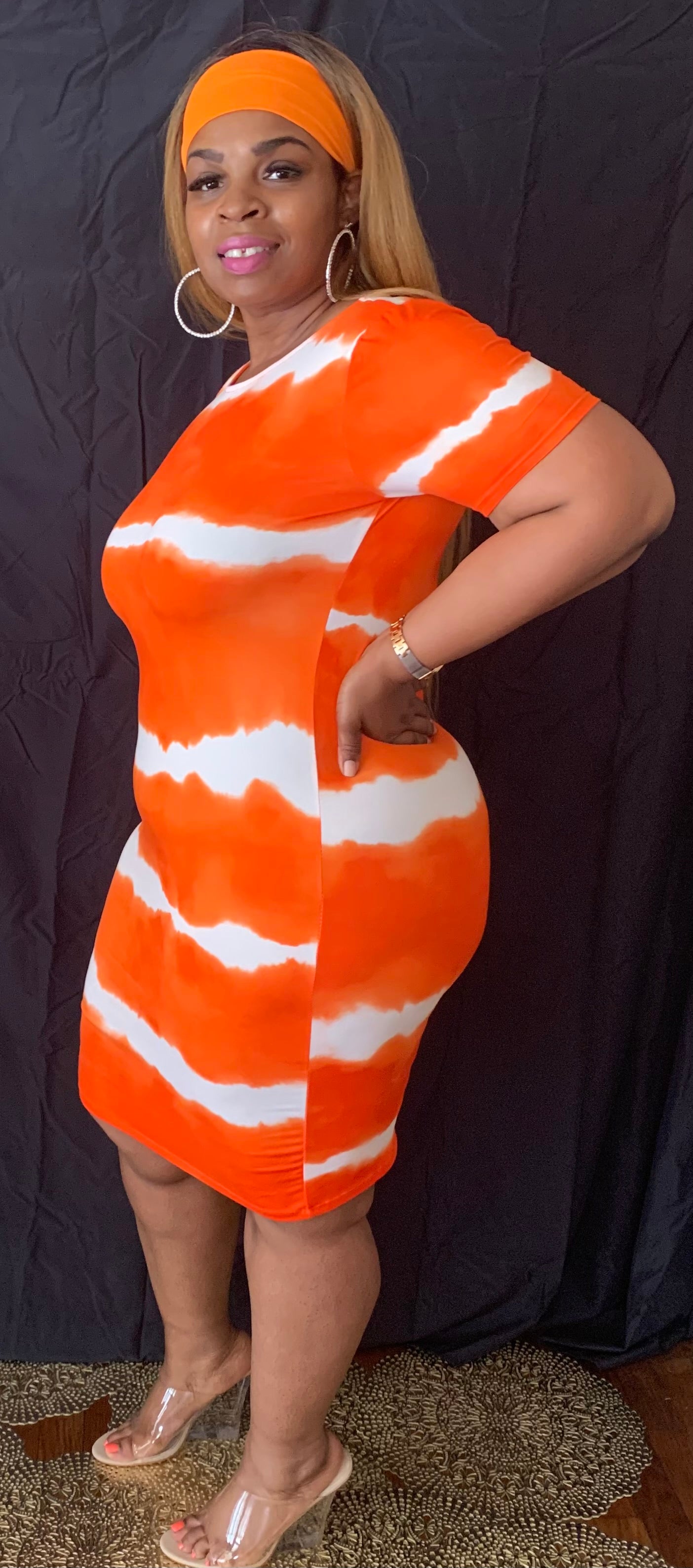 Orange Dream short sleeve stripe tie-dye midi dress