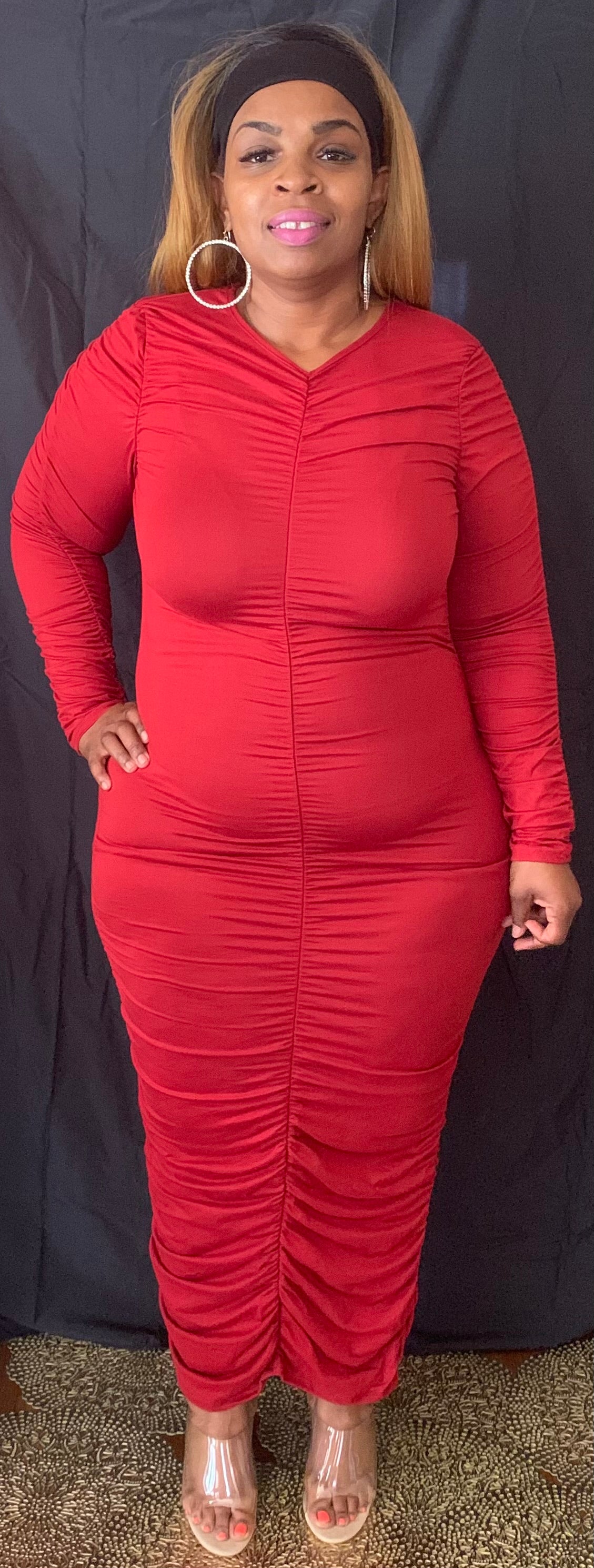 Winery Ruched Long Sleeve Midi Dress